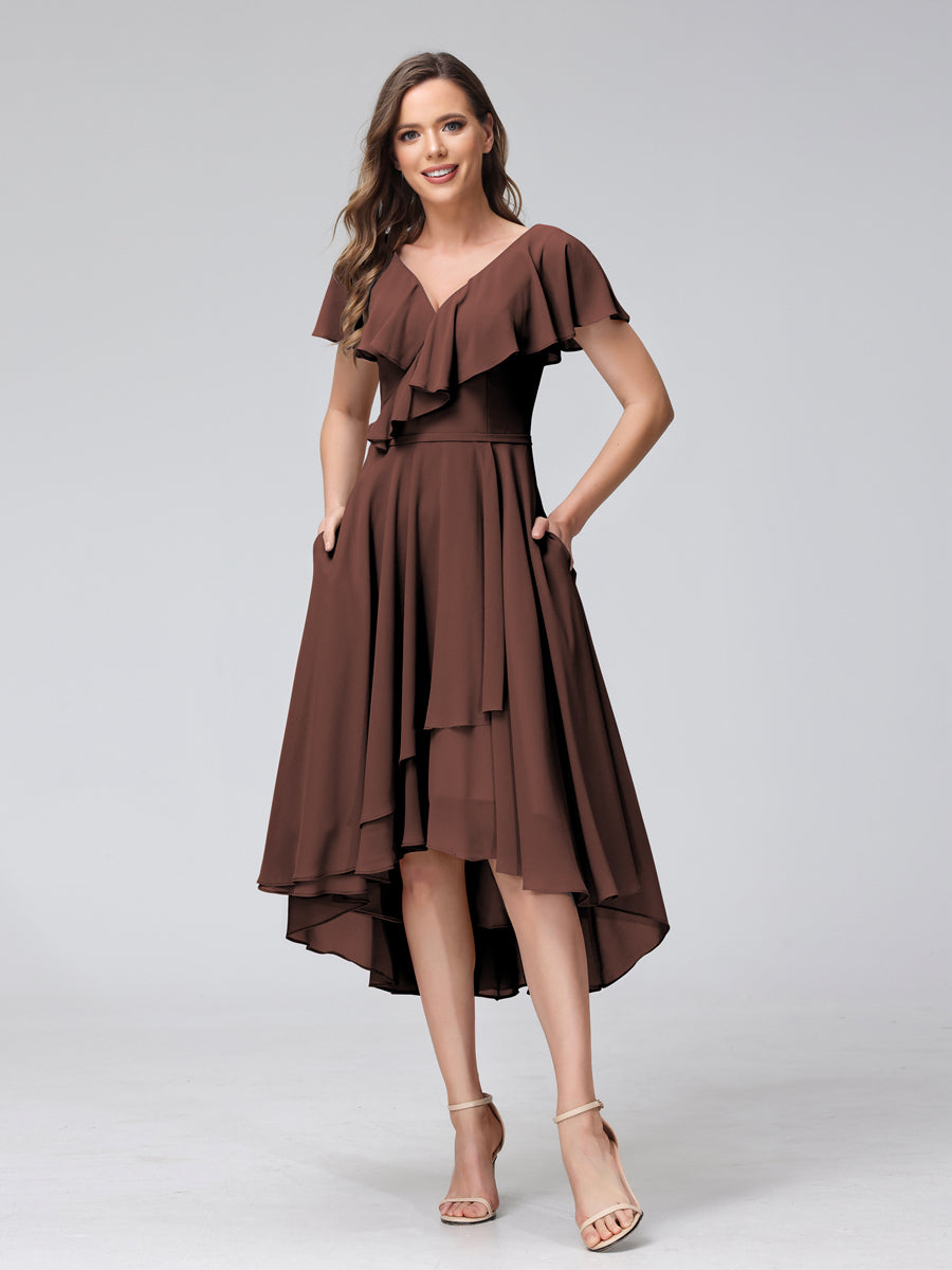 A-Line V-Neck Short Sleeves Asymmetrical Chiffon Bridesmaid Dresses With Pockets Brown