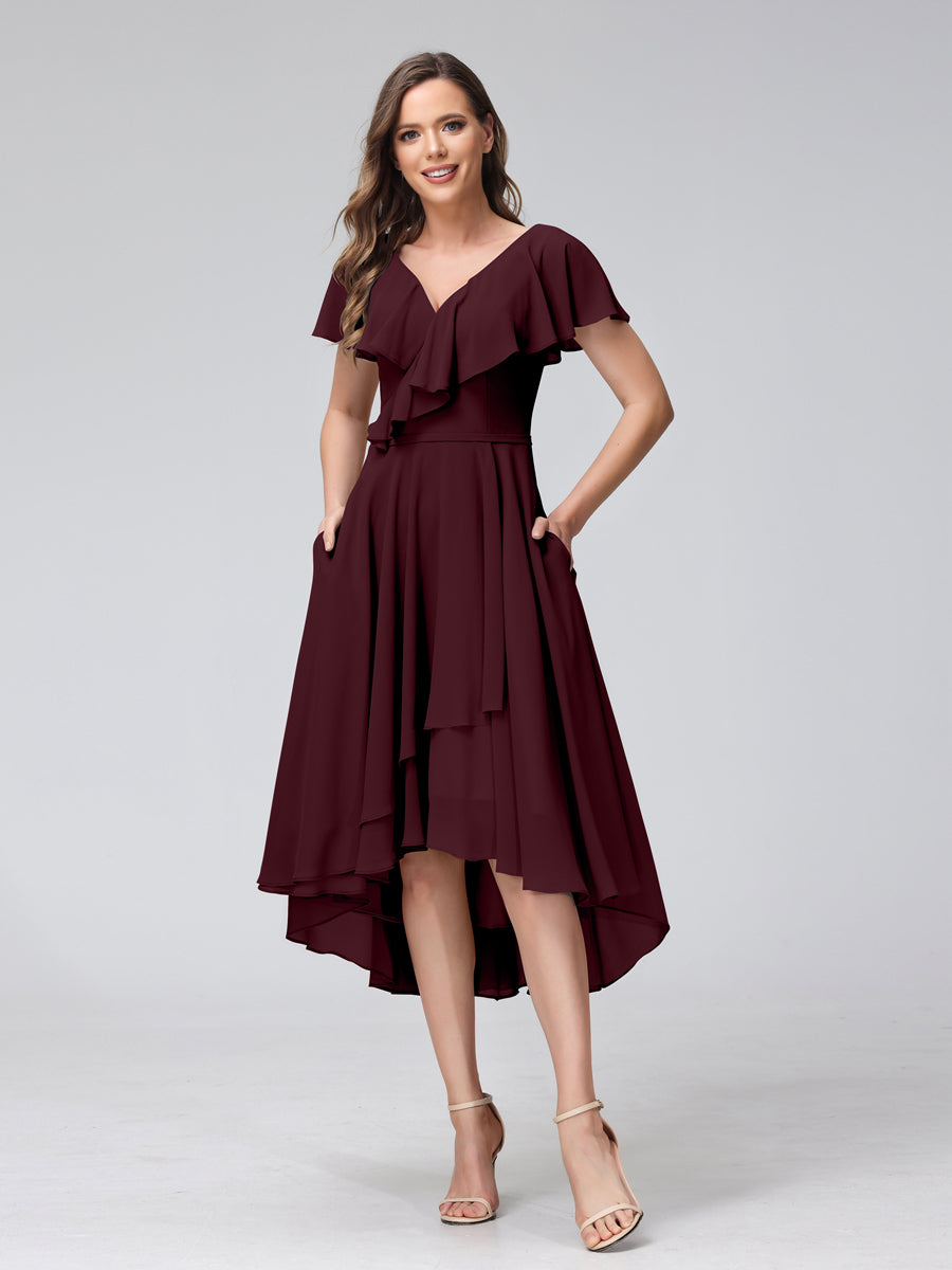 A-Line V-Neck Short Sleeves Asymmetrical Chiffon Bridesmaid Dresses With Pockets Burgundy