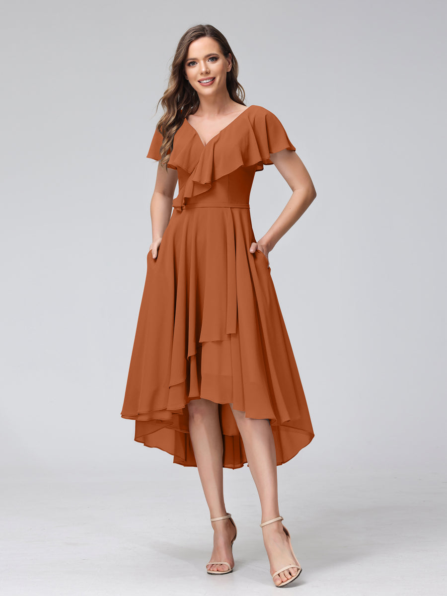 A-Line V-Neck Short Sleeves Asymmetrical Chiffon Bridesmaid Dresses With Pockets Burnt Orange