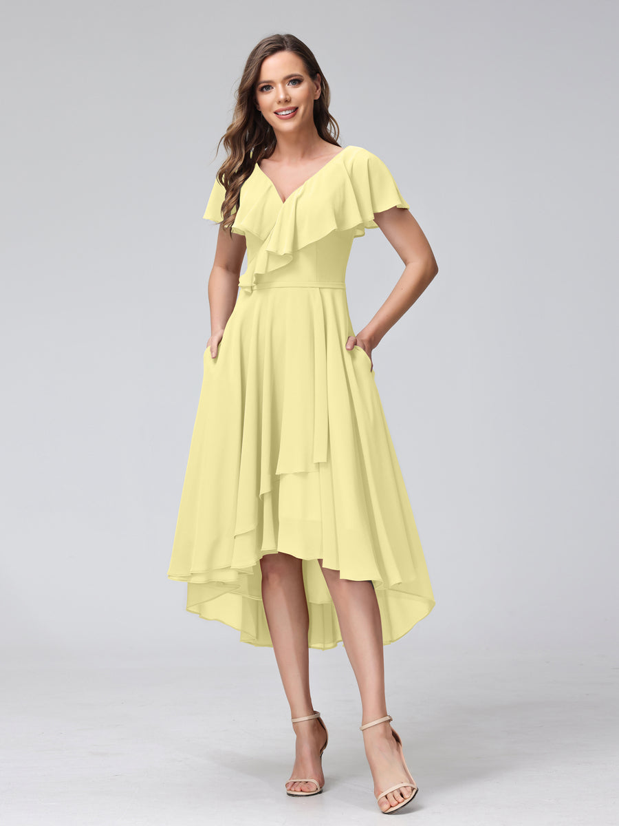 A-Line V-Neck Short Sleeves Asymmetrical Chiffon Bridesmaid Dresses With Pockets Canary
