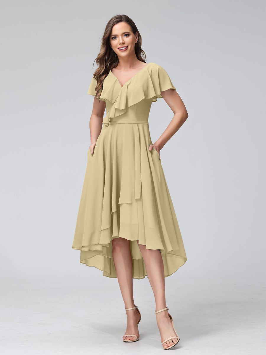 A-Line V-Neck Short Sleeves Asymmetrical Chiffon Bridesmaid Dresses With Pockets Champagne