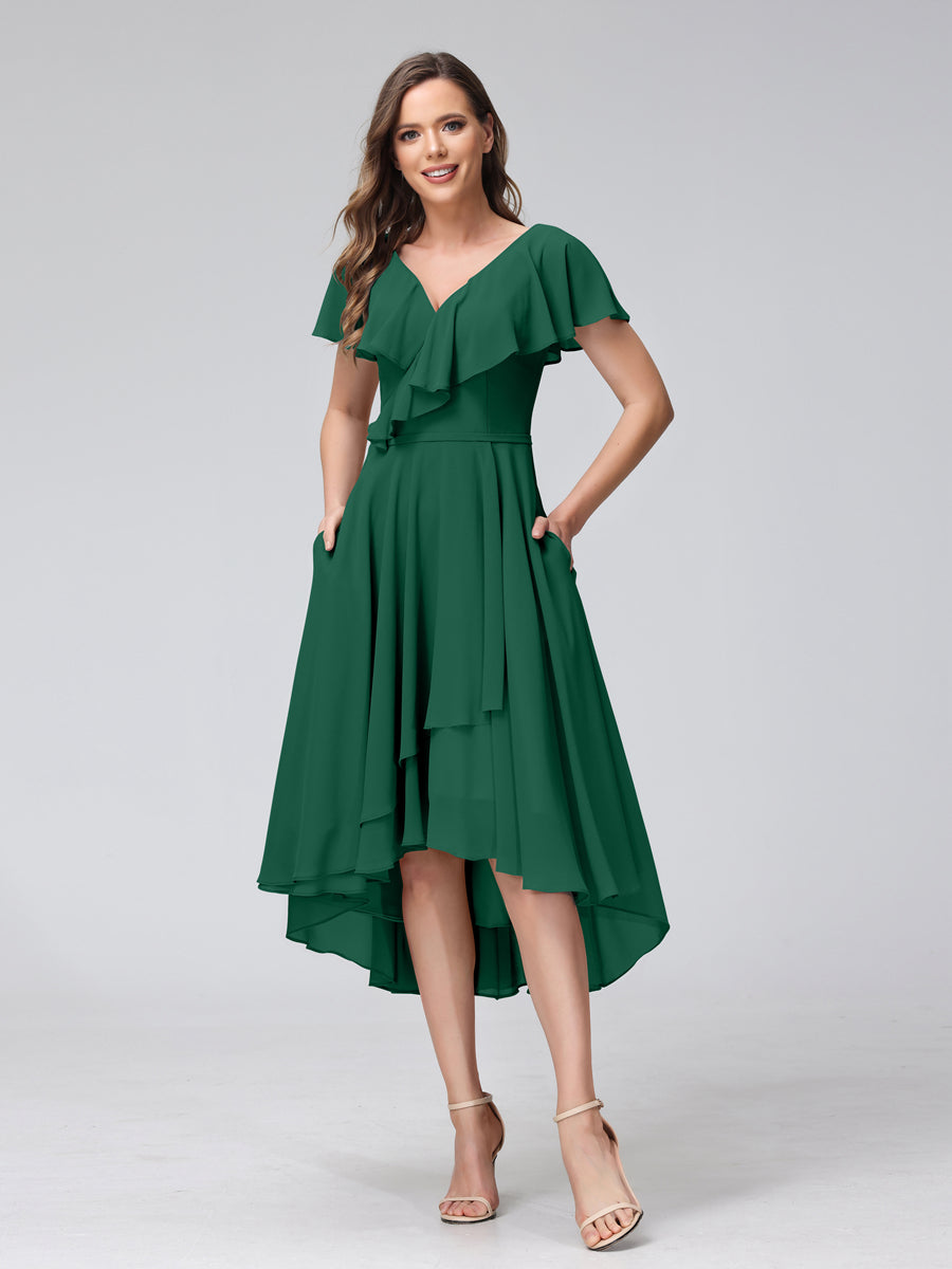 A-Line V-Neck Short Sleeves Asymmetrical Chiffon Bridesmaid Dresses With Pockets Dark Green
