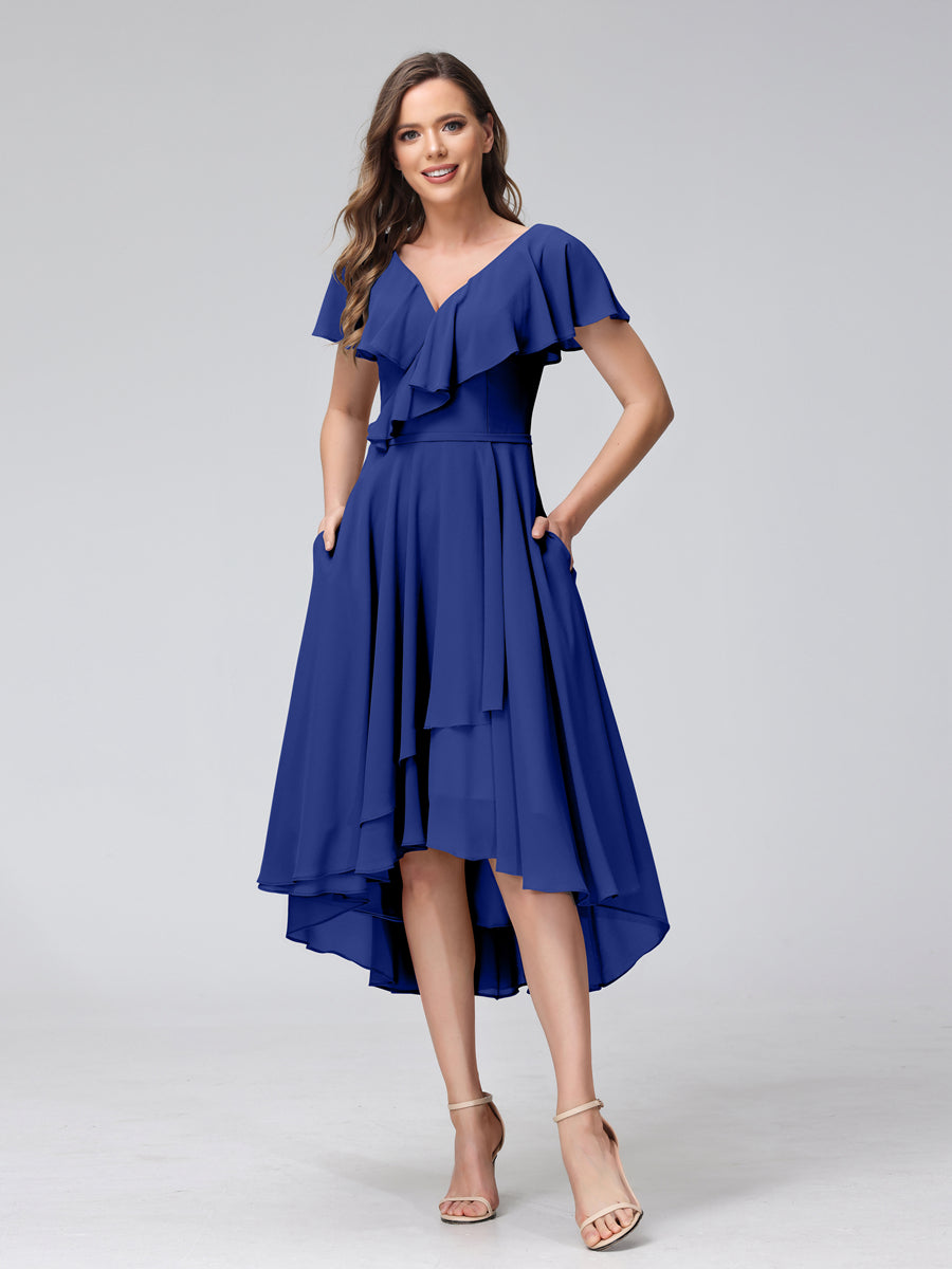 A-Line V-Neck Short Sleeves Asymmetrical Chiffon Bridesmaid Dresses With Pockets Dark Royal Blue