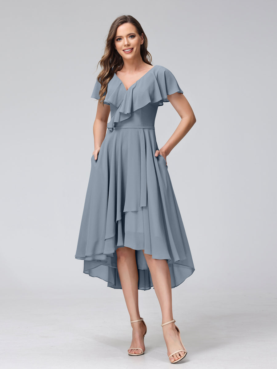 A-Line V-Neck Short Sleeves Asymmetrical Chiffon Bridesmaid Dresses With Pockets Dusty Blue
