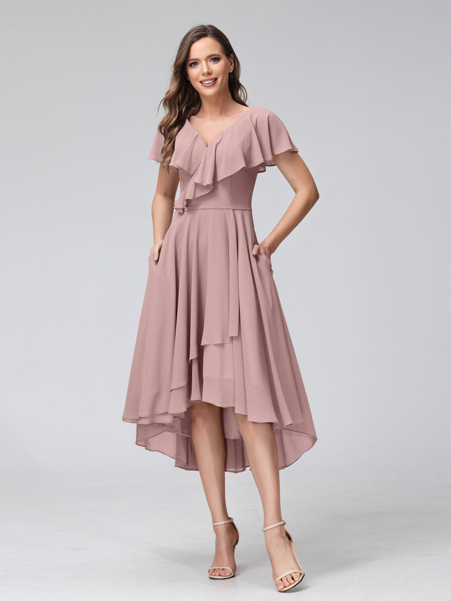 A-Line V-Neck Short Sleeves Asymmetrical Chiffon Bridesmaid Dresses With Pockets Dusty Pink
