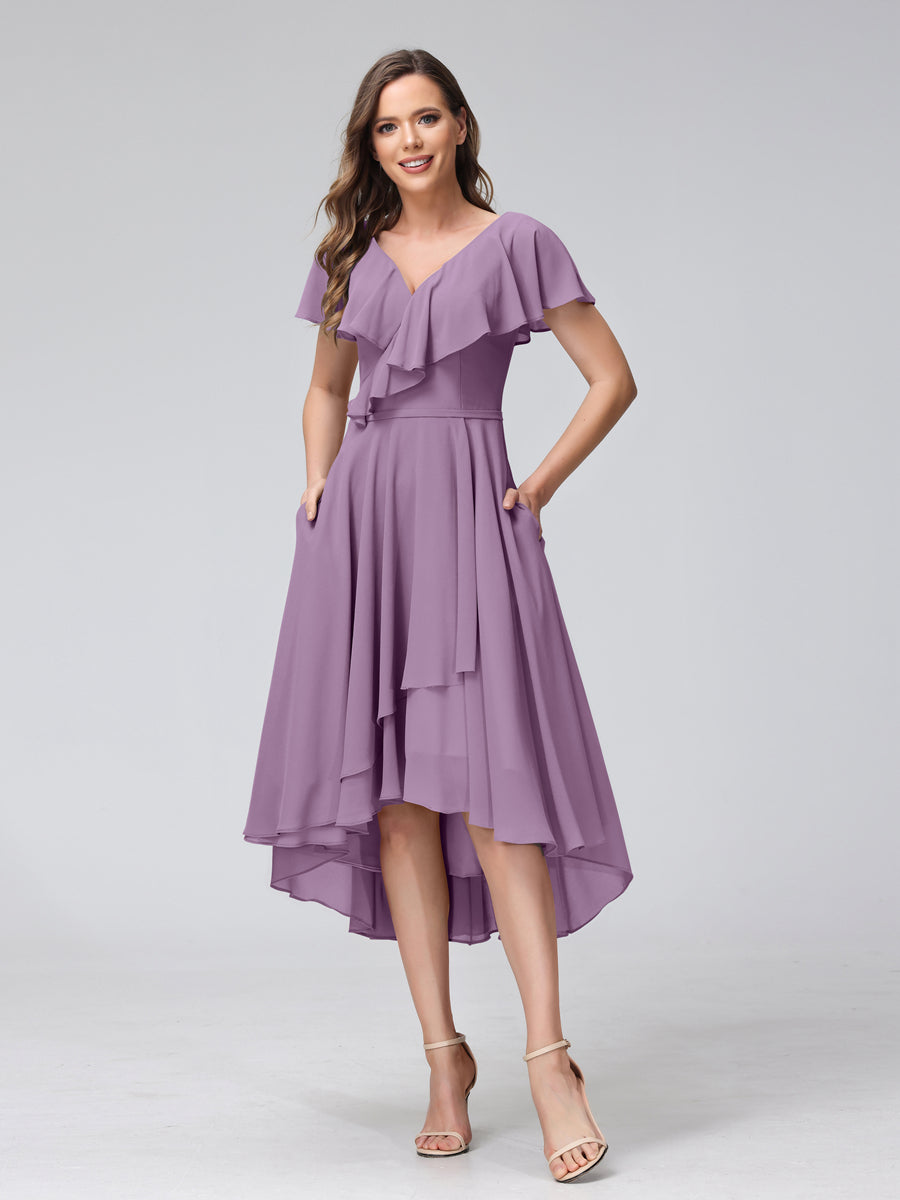 A-Line V-Neck Short Sleeves Asymmetrical Chiffon Bridesmaid Dresses With Pockets Dusty Purple