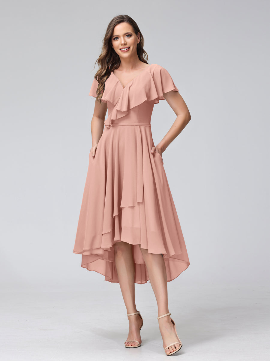 A-Line V-Neck Short Sleeves Asymmetrical Chiffon Bridesmaid Dresses With Pockets Dusty Rose