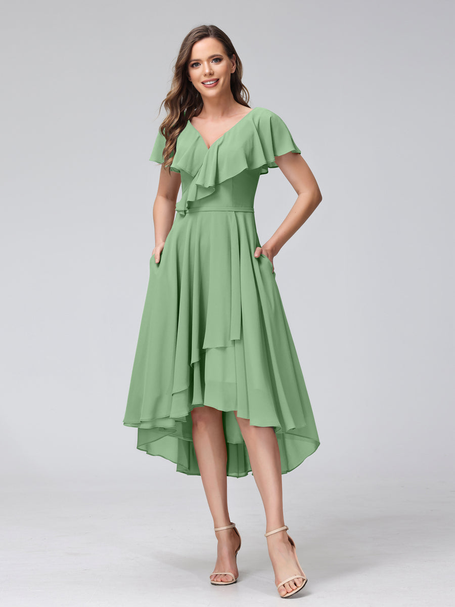 A-Line V-Neck Short Sleeves Asymmetrical Chiffon Bridesmaid Dresses With Pockets Dusty Sage