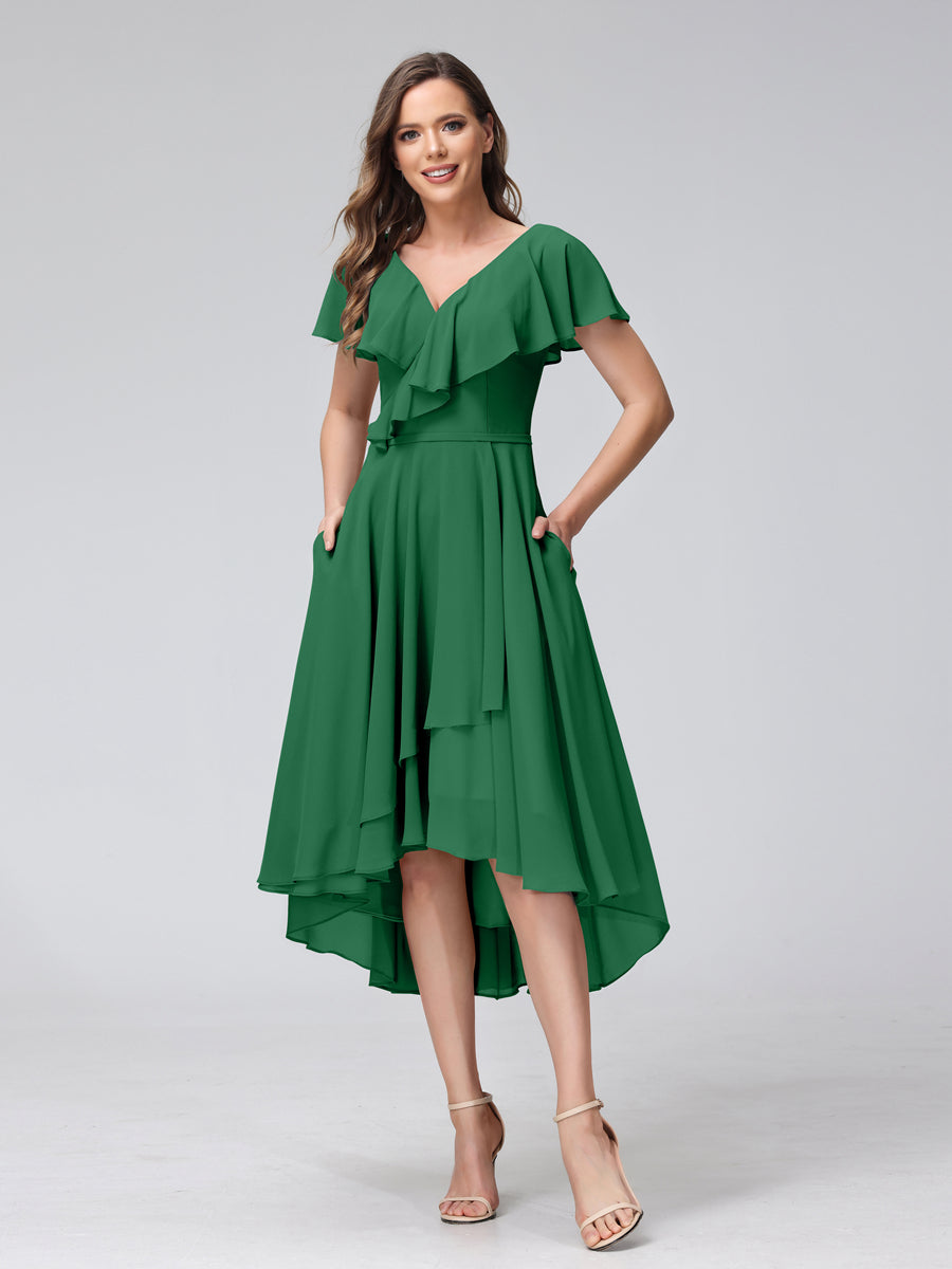 A-Line V-Neck Short Sleeves Asymmetrical Chiffon Bridesmaid Dresses With Pockets Emerald