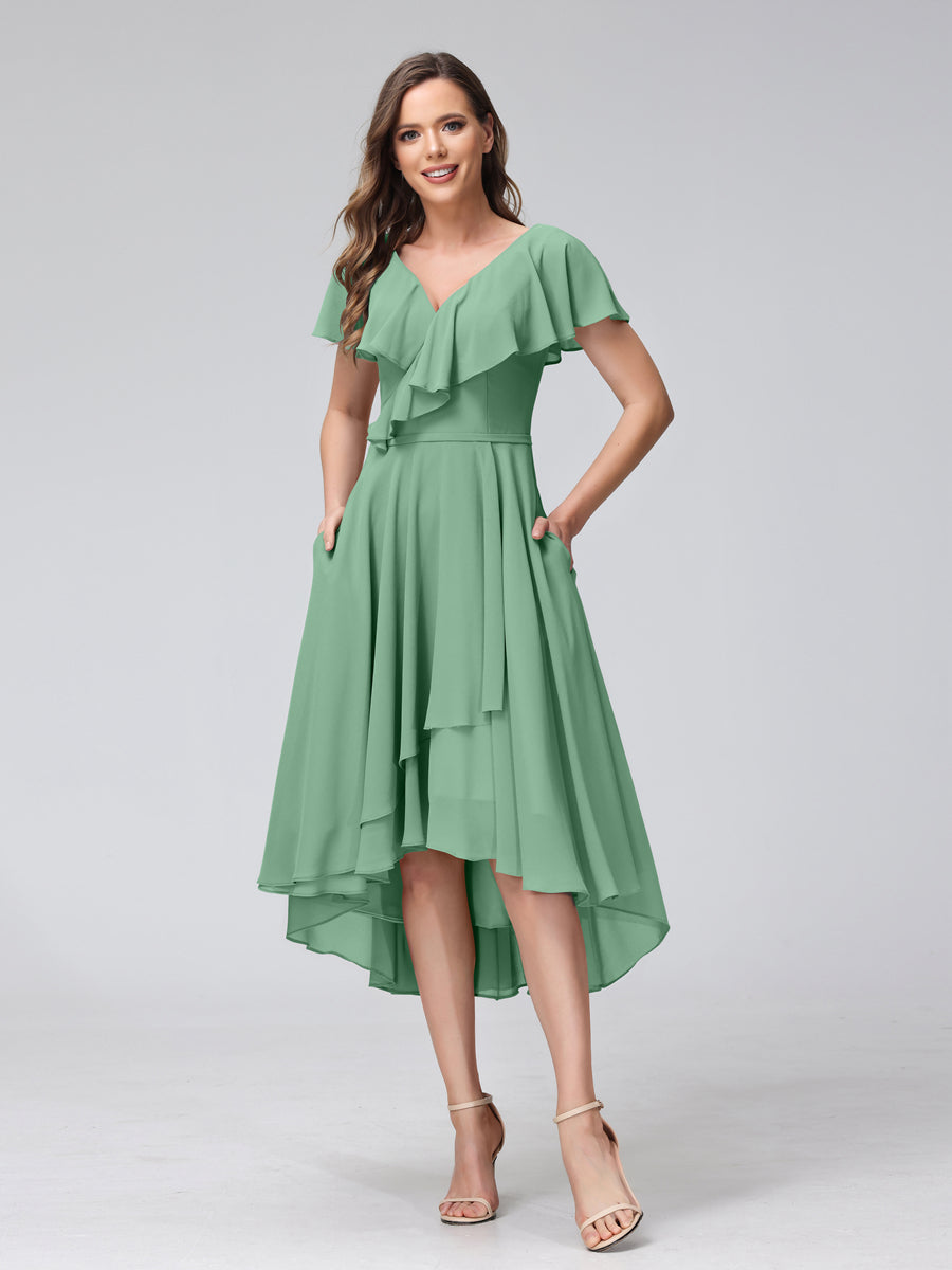 A-Line V-Neck Short Sleeves Asymmetrical Chiffon Bridesmaid Dresses With Pockets Eucalyptus