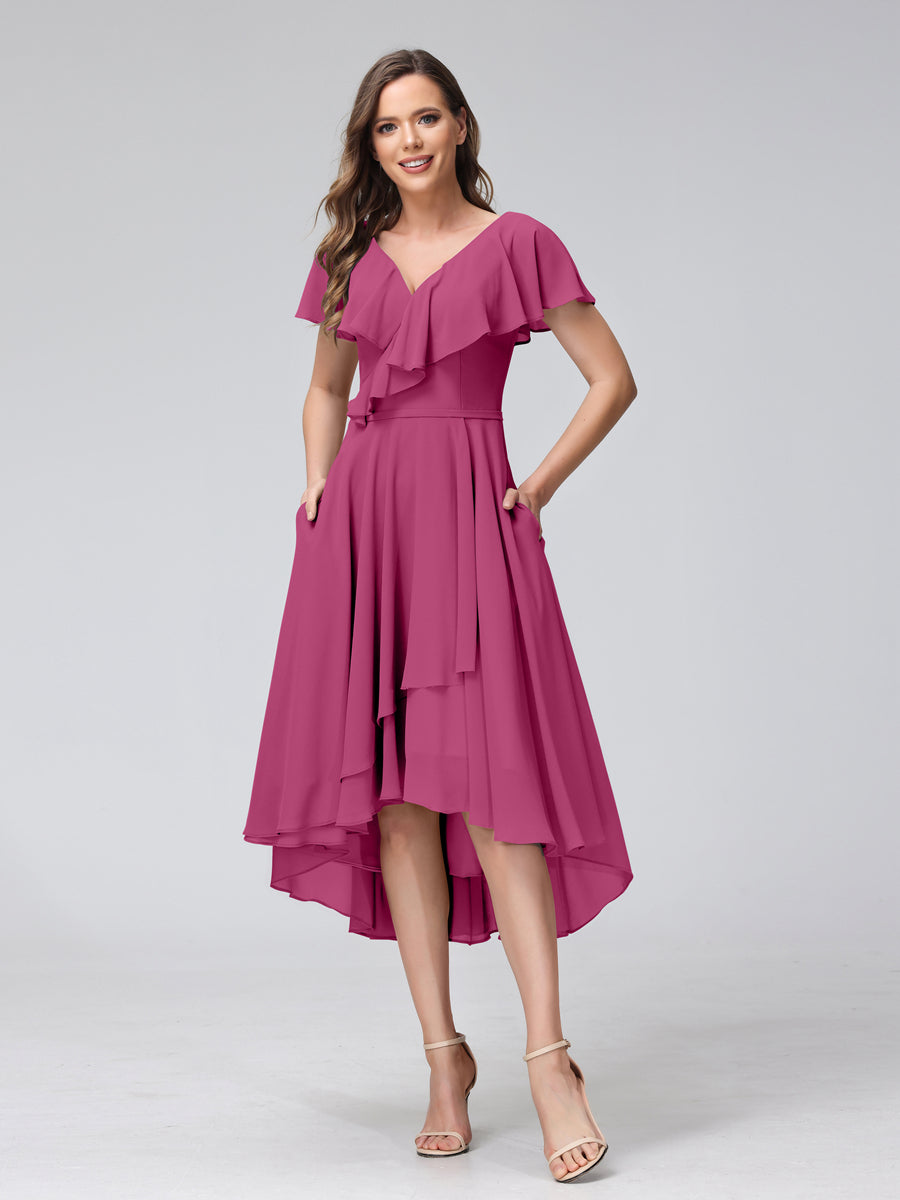 A-Line V-Neck Short Sleeves Asymmetrical Chiffon Bridesmaid Dresses With Pockets Fuchsia