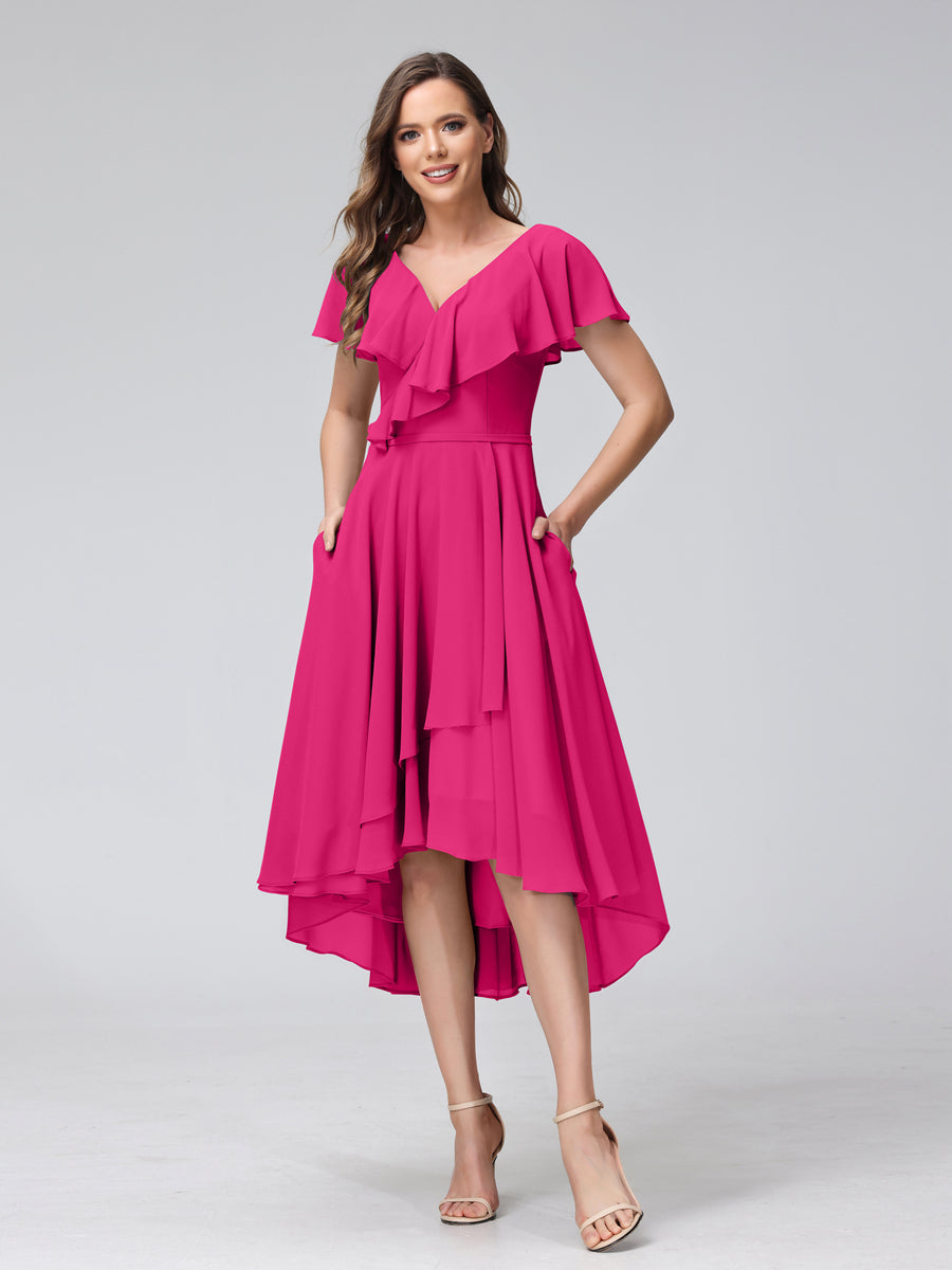 A-Line V-Neck Short Sleeves Asymmetrical Chiffon Bridesmaid Dresses With Pockets Fuchsia Pink