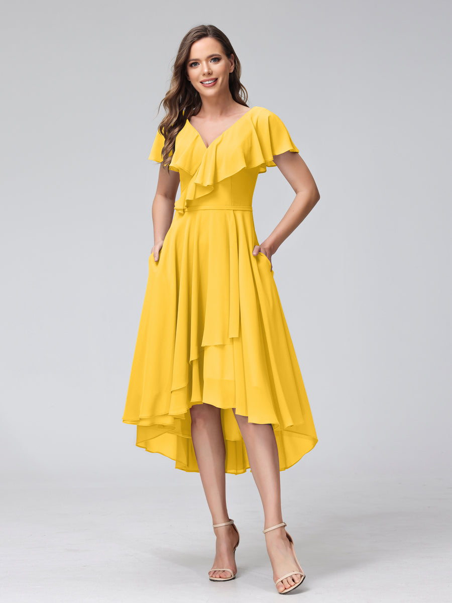 A-Line V-Neck Short Sleeves Asymmetrical Chiffon Bridesmaid Dresses With Pockets Gold