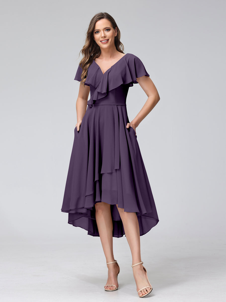 A-Line V-Neck Short Sleeves Asymmetrical Chiffon Bridesmaid Dresses With Pockets Grape