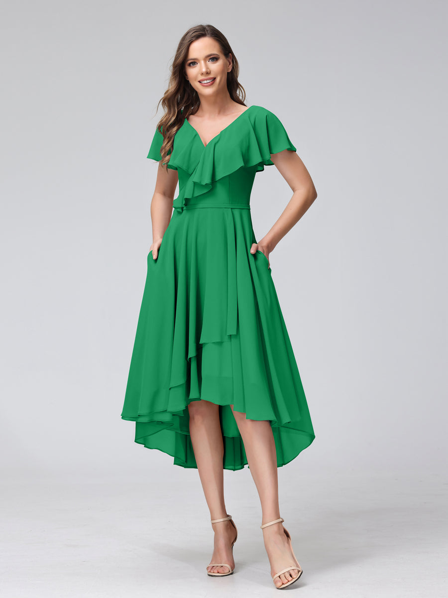 A-Line V-Neck Short Sleeves Asymmetrical Chiffon Bridesmaid Dresses With Pockets Green