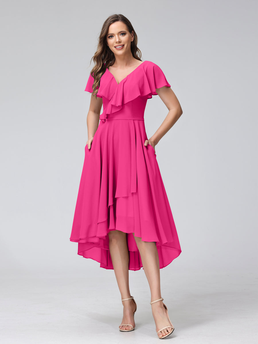 A-Line V-Neck Short Sleeves Asymmetrical Chiffon Bridesmaid Dresses With Pockets Hot Pink