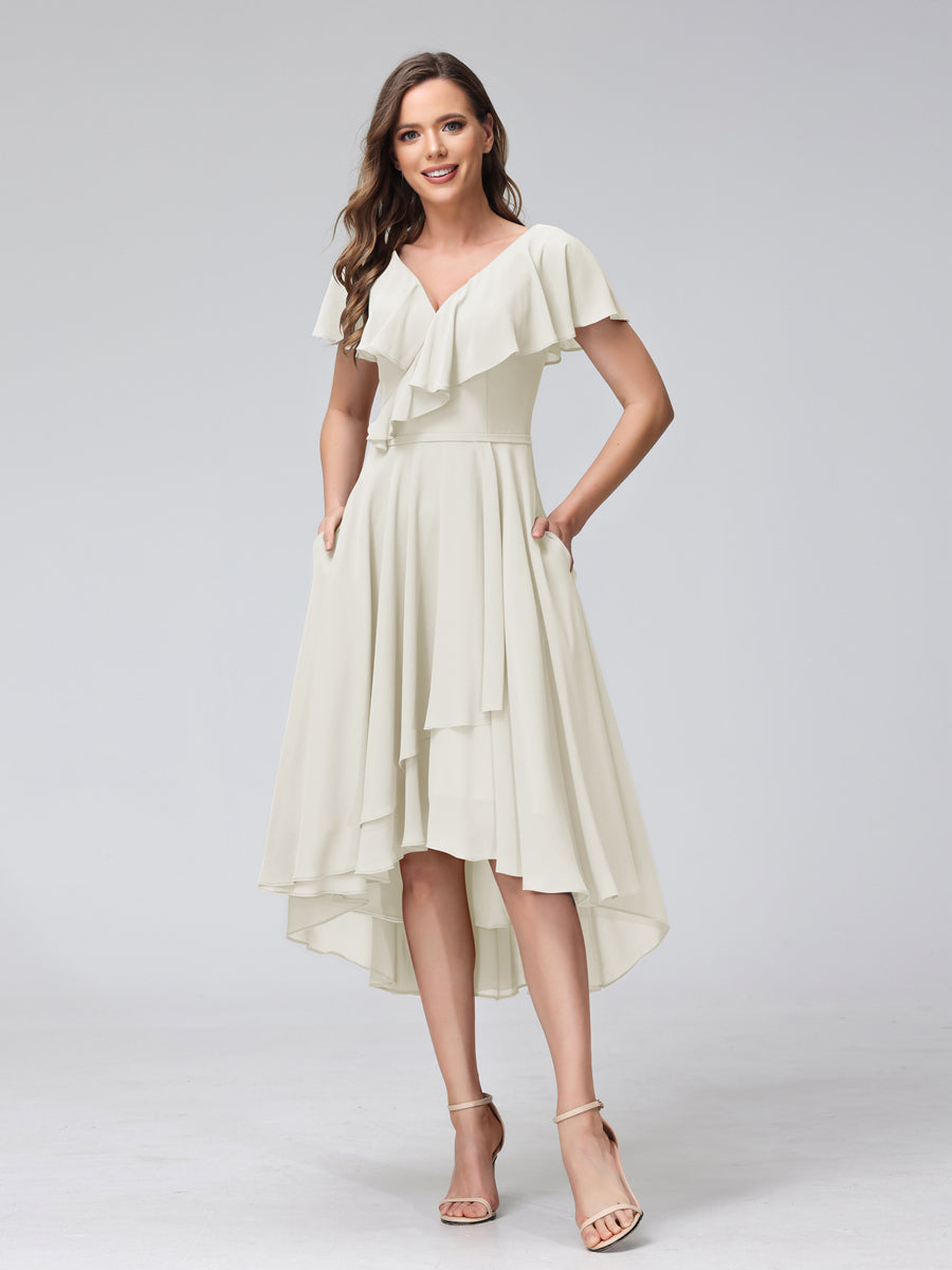 A-Line V-Neck Short Sleeves Asymmetrical Chiffon Bridesmaid Dresses With Pockets Ivory
