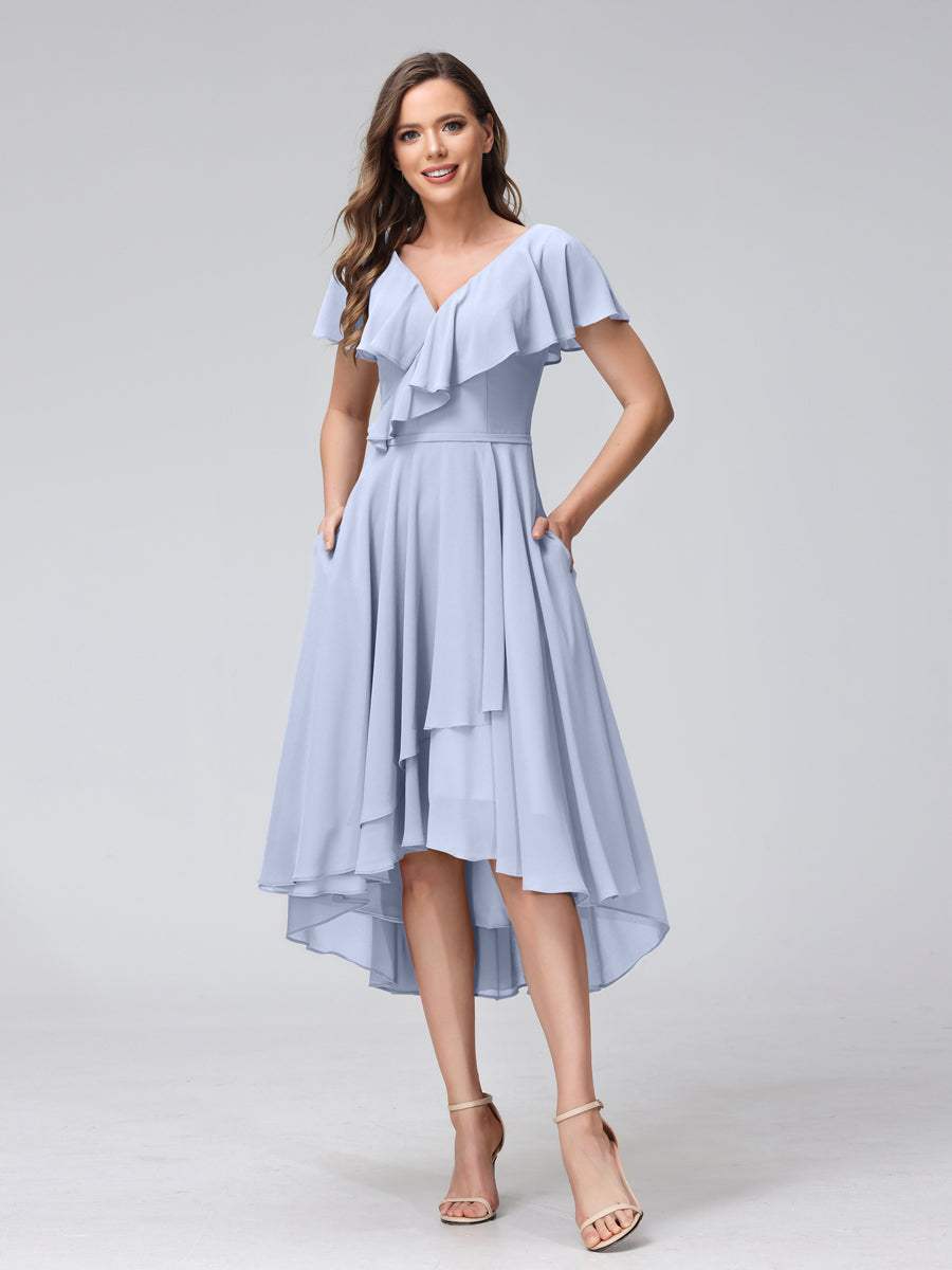 A-Line V-Neck Short Sleeves Asymmetrical Chiffon Bridesmaid Dresses With Pockets Lavender
