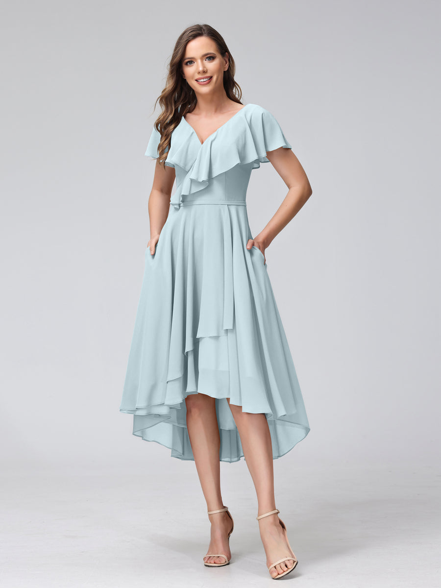 A-Line V-Neck Short Sleeves Asymmetrical Chiffon Bridesmaid Dresses With Pockets Light Blue