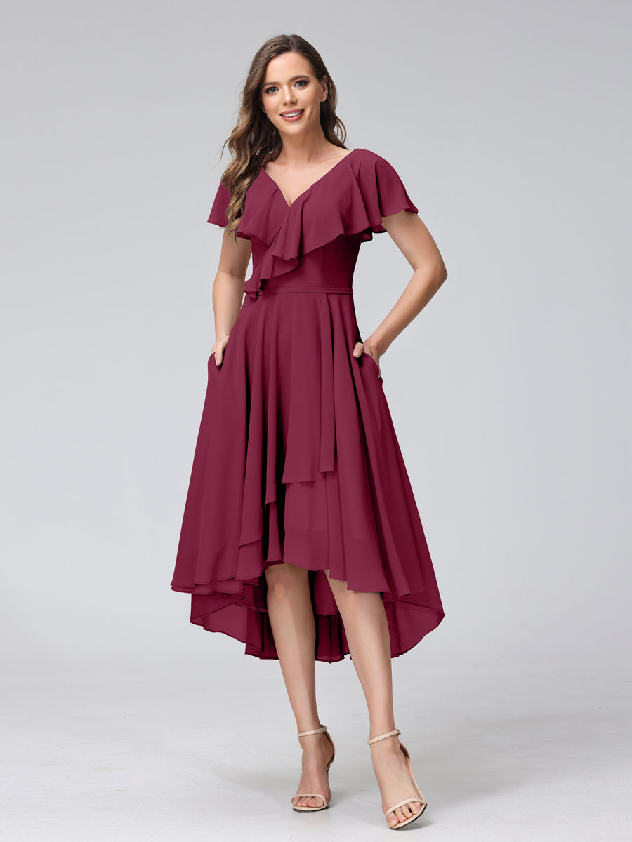 A-Line V-Neck Short Sleeves Asymmetrical Chiffon Bridesmaid Dresses With Pockets Light Burgundy