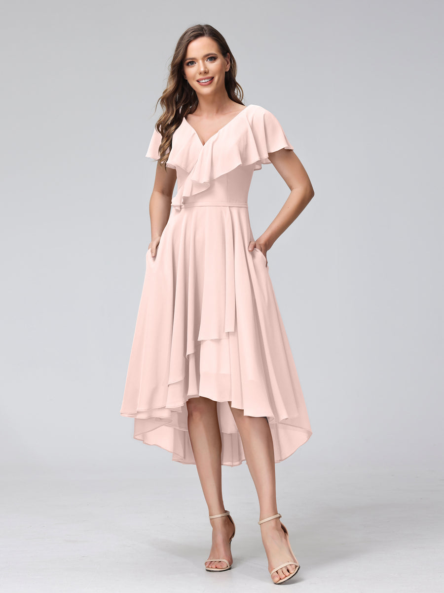A-Line V-Neck Short Sleeves Asymmetrical Chiffon Bridesmaid Dresses With Pockets Light Pink