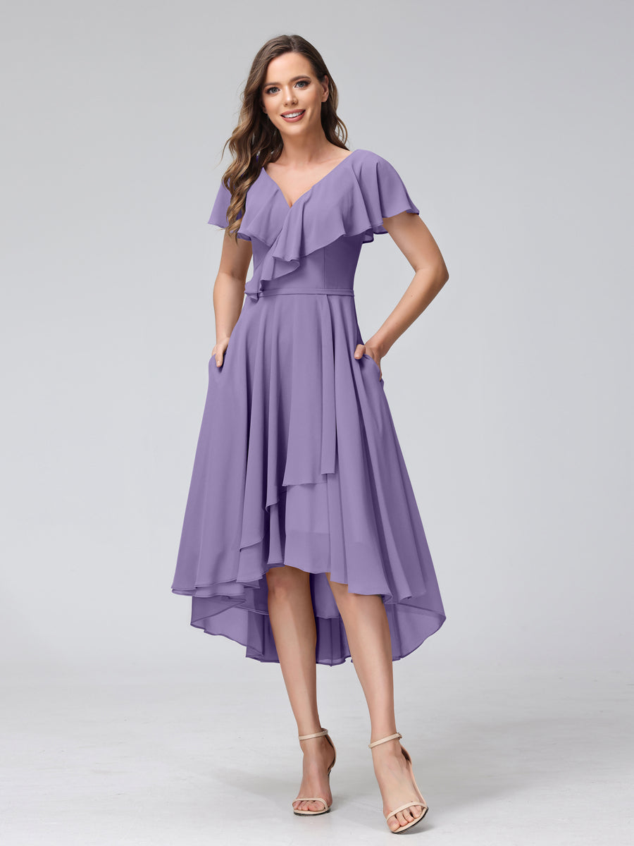 A-Line V-Neck Short Sleeves Asymmetrical Chiffon Bridesmaid Dresses With Pockets Light Purple