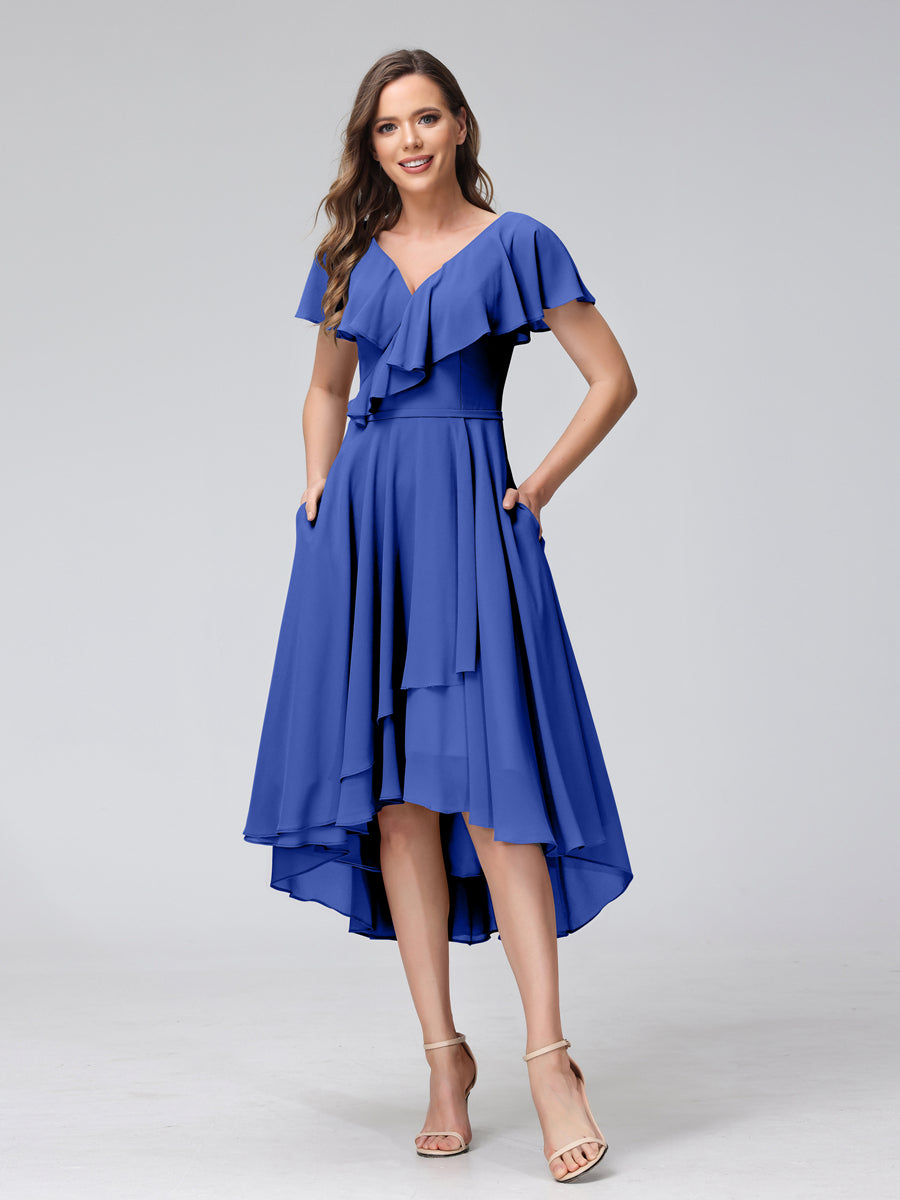 A-Line V-Neck Short Sleeves Asymmetrical Chiffon Bridesmaid Dresses With Pockets Light Royal Blue