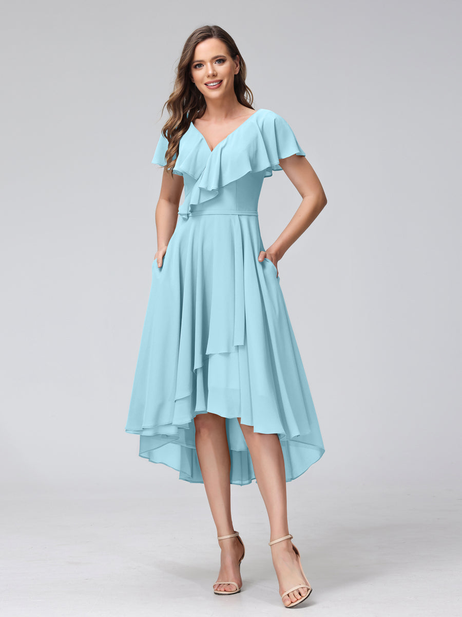 A-Line V-Neck Short Sleeves Asymmetrical Chiffon Bridesmaid Dresses With Pockets Light Sky Blue