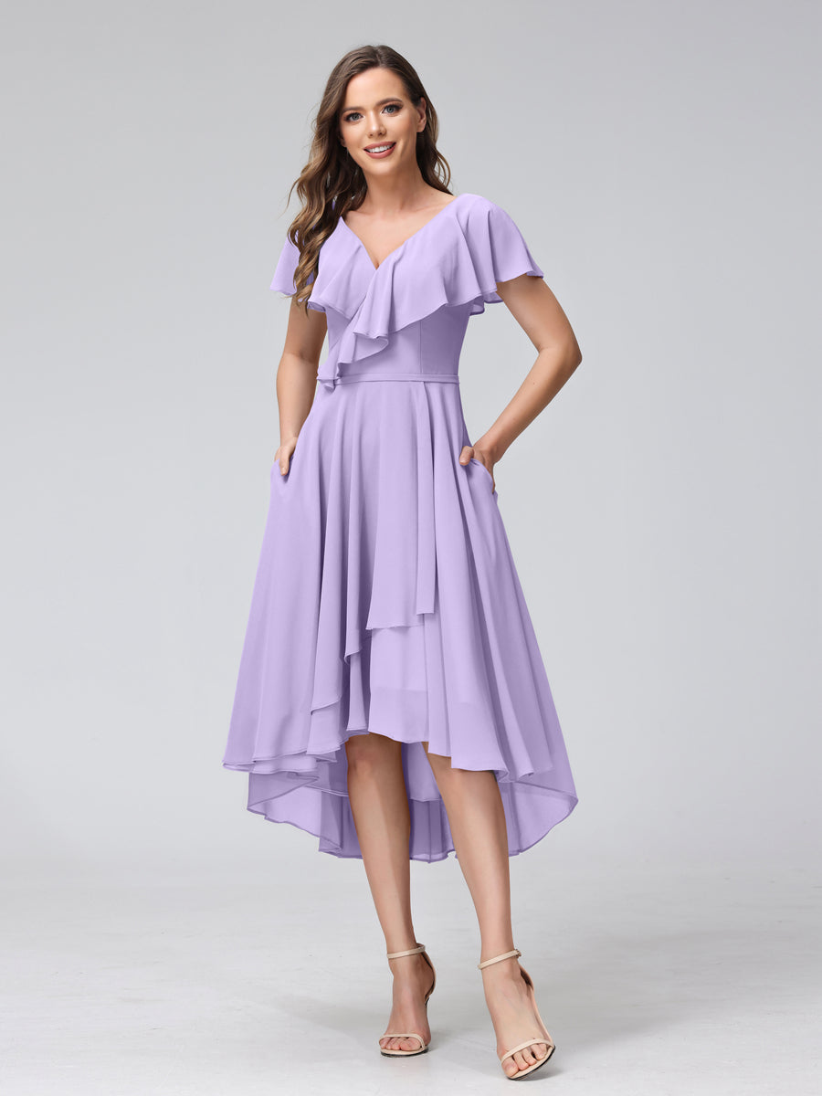 A-Line V-Neck Short Sleeves Asymmetrical Chiffon Bridesmaid Dresses With Pockets Lilac