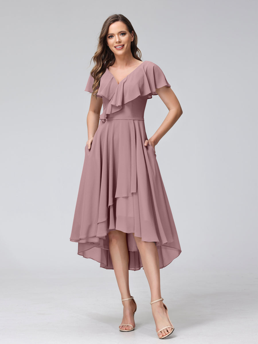 A-Line V-Neck Short Sleeves Asymmetrical Chiffon Bridesmaid Dresses With Pockets Mauve