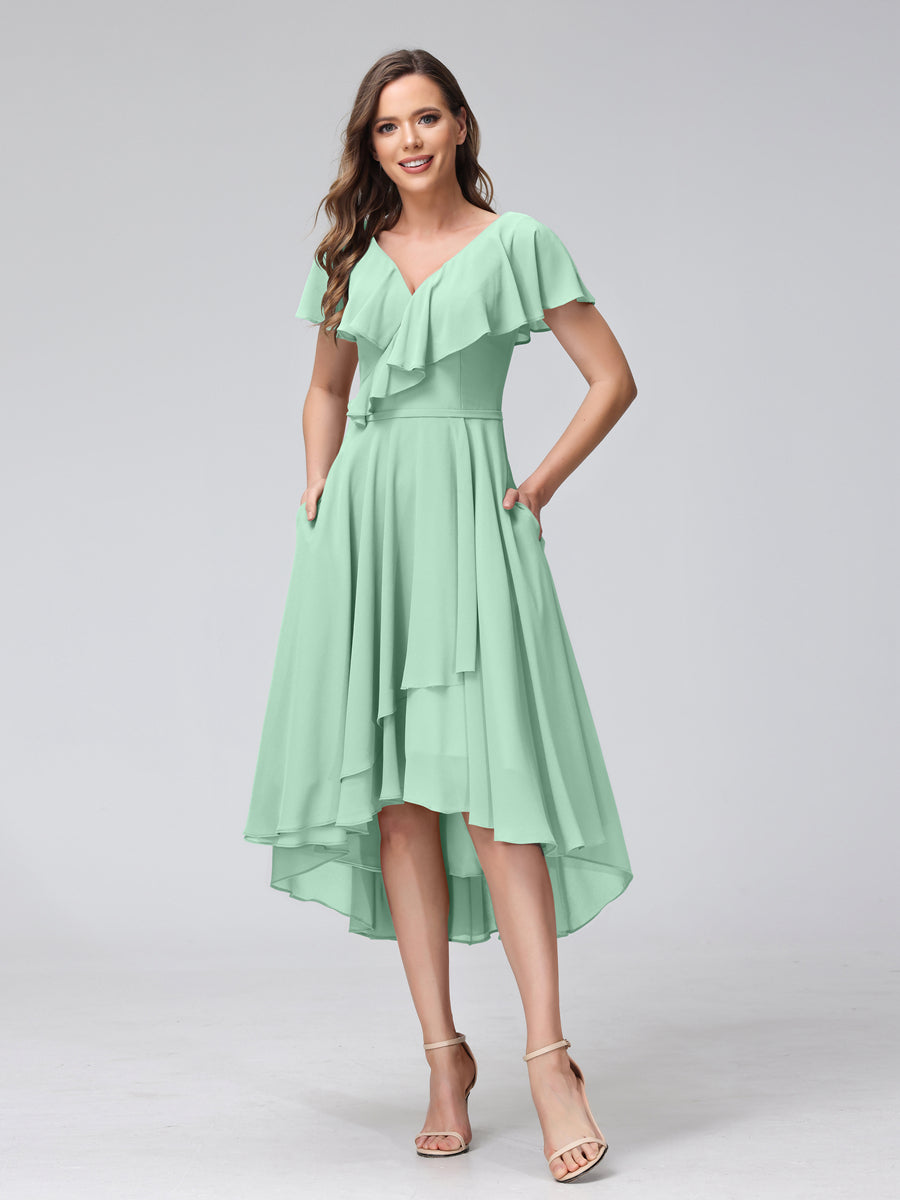 A-Line V-Neck Short Sleeves Asymmetrical Chiffon Bridesmaid Dresses With Pockets Mint Green