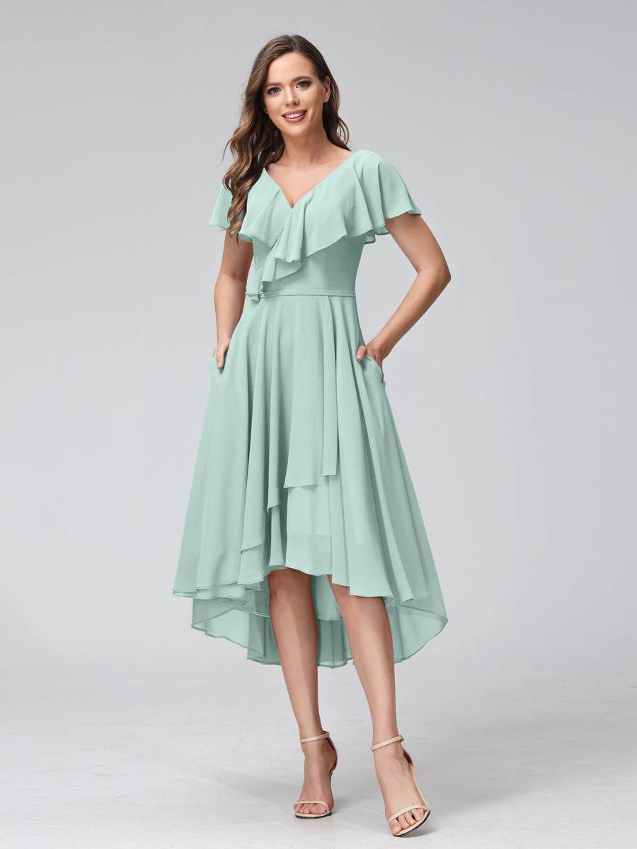 A-Line V-Neck Short Sleeves Asymmetrical Chiffon Bridesmaid Dresses With Pockets Mist Blue