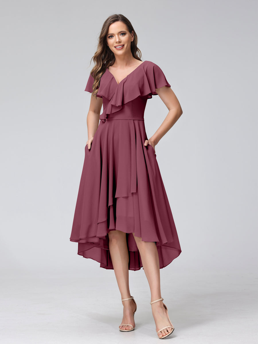 A-Line V-Neck Short Sleeves Asymmetrical Chiffon Bridesmaid Dresses With Pockets Mulberry