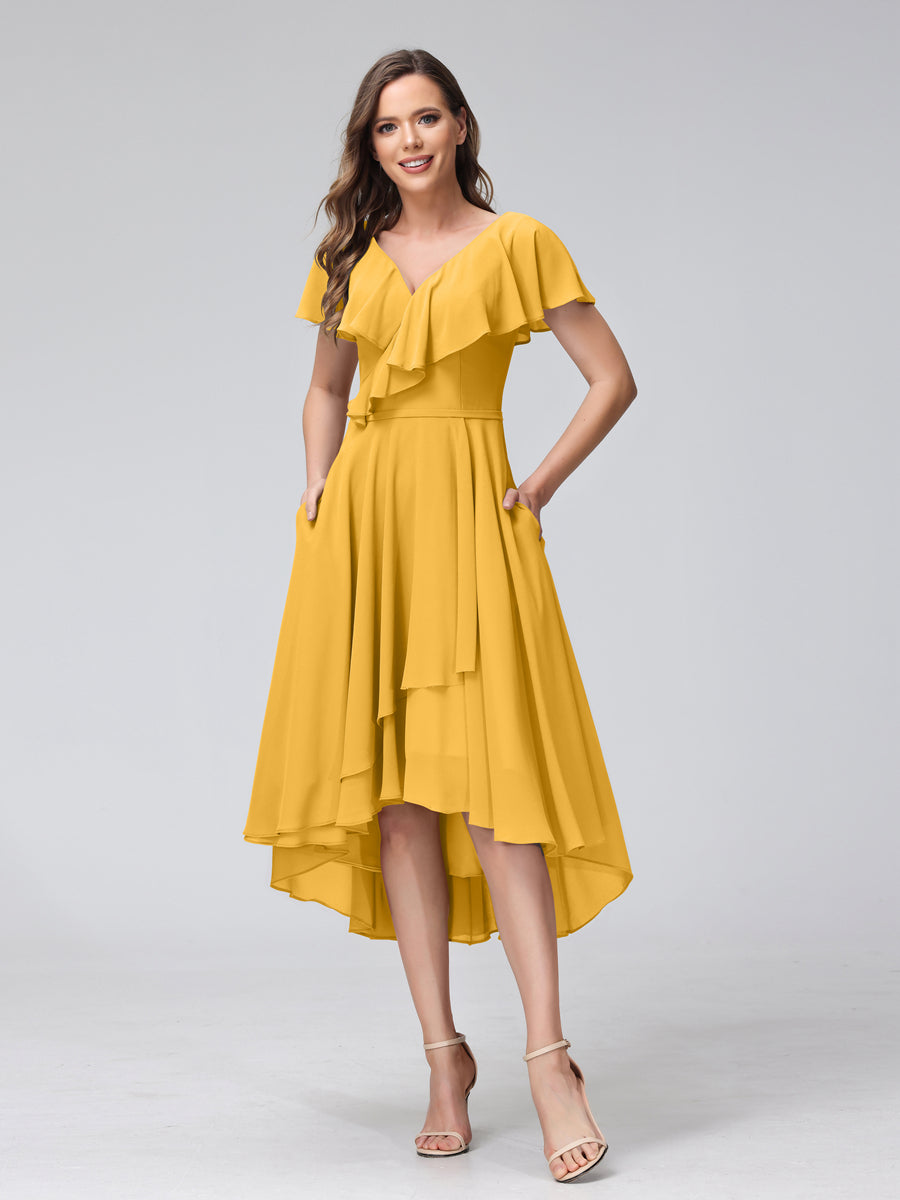 A-Line V-Neck Short Sleeves Asymmetrical Chiffon Bridesmaid Dresses With Pockets Mustard Yellow