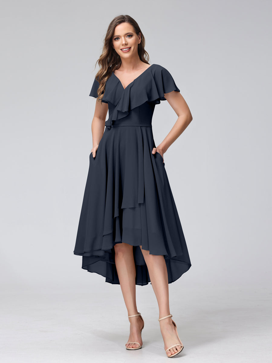 A-Line V-Neck Short Sleeves Asymmetrical Chiffon Bridesmaid Dresses With Pockets Navy Blue