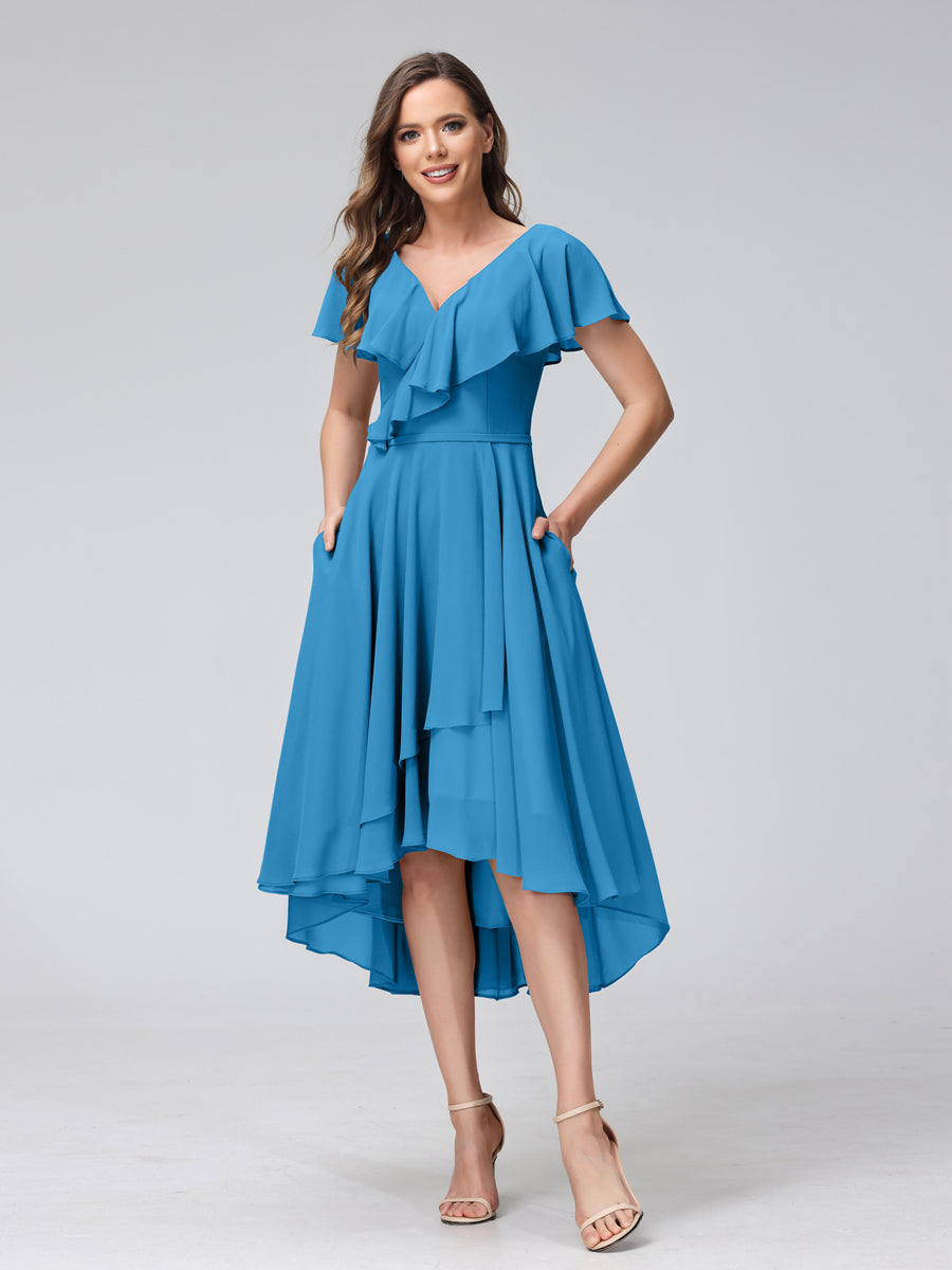 A-Line V-Neck Short Sleeves Asymmetrical Chiffon Bridesmaid Dresses With Pockets Ocean Blue