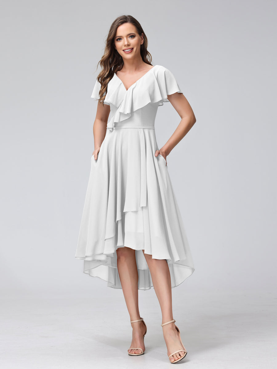 A-Line V-Neck Short Sleeves Asymmetrical Chiffon Bridesmaid Dresses With Pockets Off White
