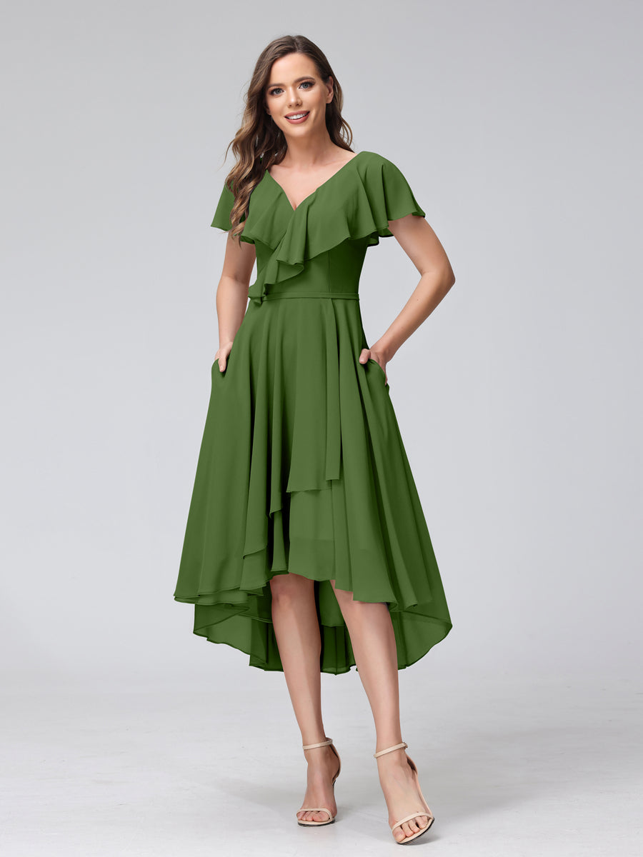 A-Line V-Neck Short Sleeves Asymmetrical Chiffon Bridesmaid Dresses With Pockets Olive Green