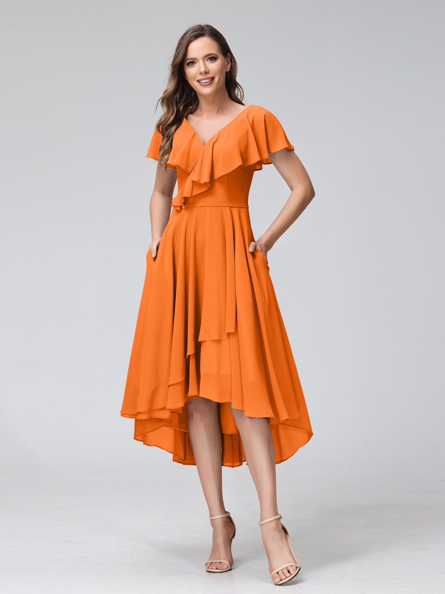 A-Line V-Neck Short Sleeves Asymmetrical Chiffon Bridesmaid Dresses With Pockets Orange