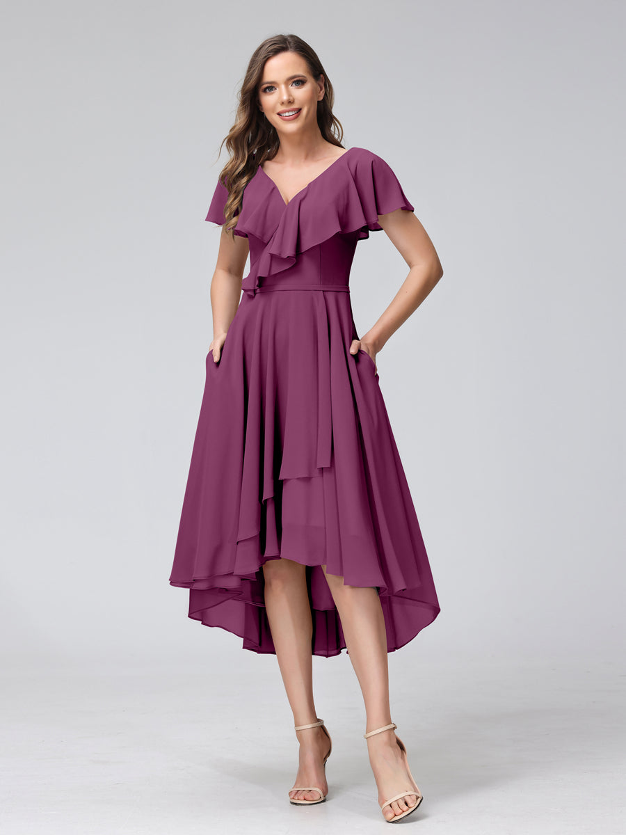A-Line V-Neck Short Sleeves Asymmetrical Chiffon Bridesmaid Dresses With Pockets Orchid
