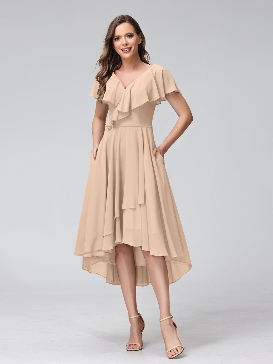 A-Line V-Neck Short Sleeves Asymmetrical Chiffon Bridesmaid Dresses With Pockets Peach Pink