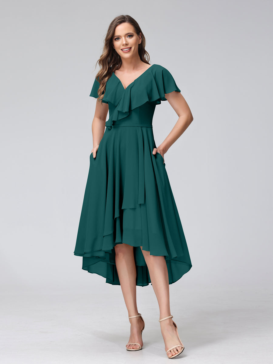 A-Line V-Neck Short Sleeves Asymmetrical Chiffon Bridesmaid Dresses With Pockets Peacock