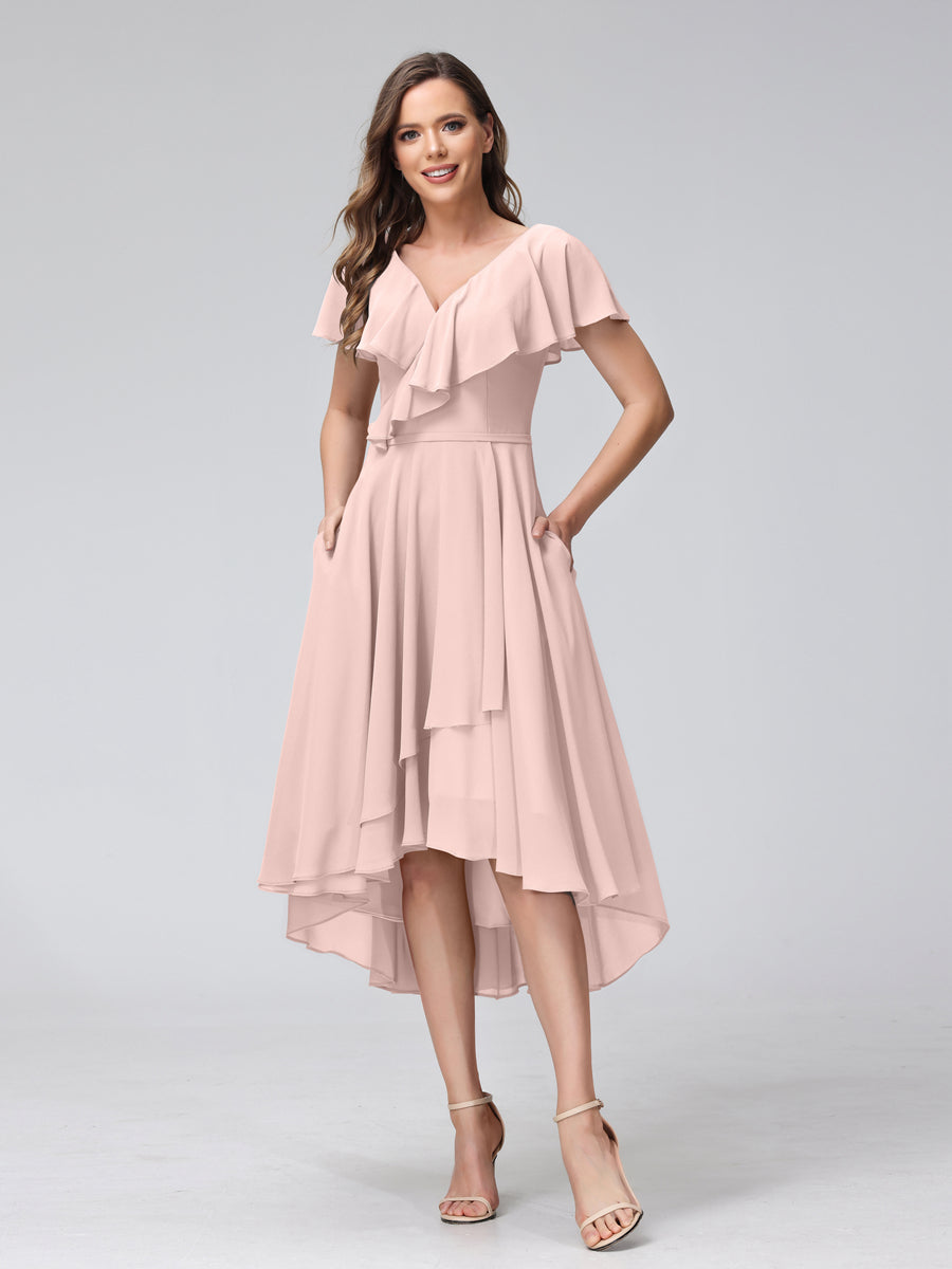 A-Line V-Neck Short Sleeves Asymmetrical Chiffon Bridesmaid Dresses With Pockets Pearl Pink