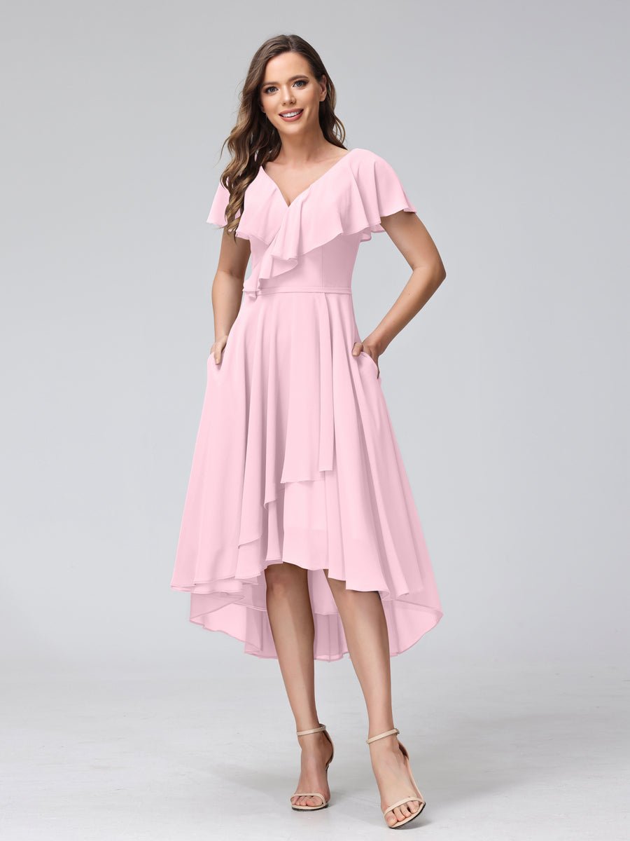 A-Line V-Neck Short Sleeves Asymmetrical Chiffon Bridesmaid Dresses With Pockets Pink
