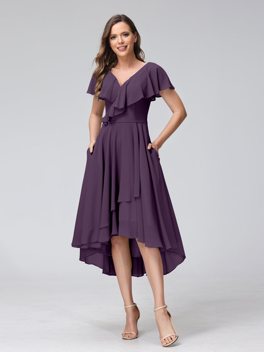 A-Line V-Neck Short Sleeves Asymmetrical Chiffon Bridesmaid Dresses With Pockets Plum