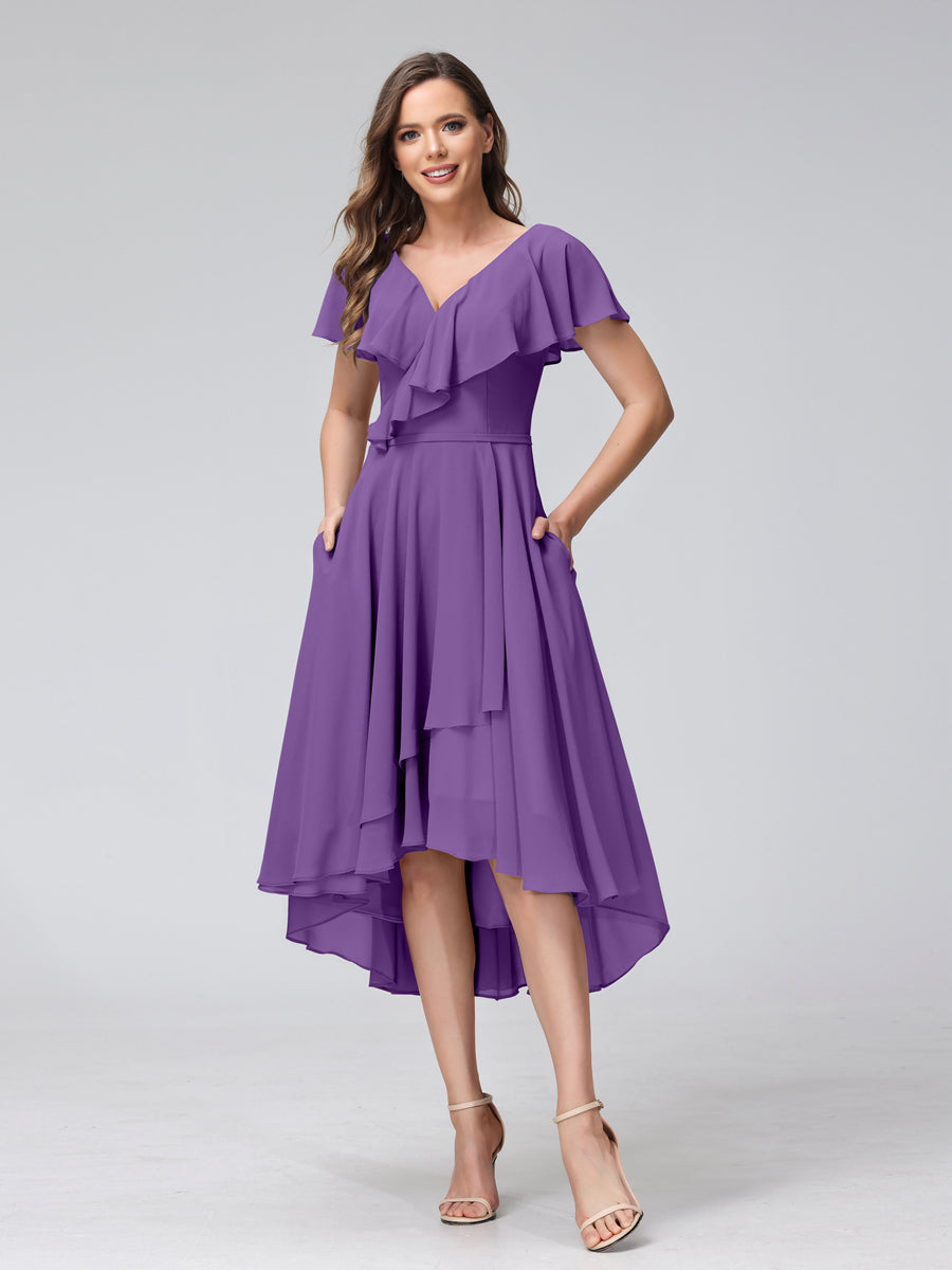 A-Line V-Neck Short Sleeves Asymmetrical Chiffon Bridesmaid Dresses With Pockets Purple