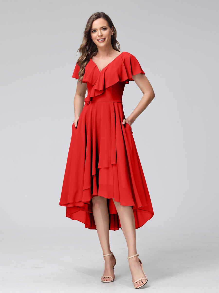 A-Line V-Neck Short Sleeves Asymmetrical Chiffon Bridesmaid Dresses With Pockets Red