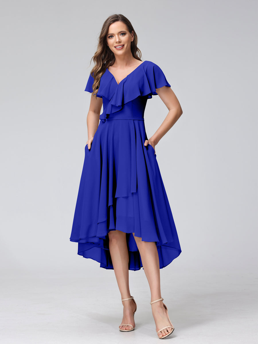 A-Line V-Neck Short Sleeves Asymmetrical Chiffon Bridesmaid Dresses With Pockets Royal Blue