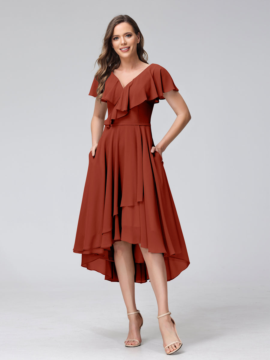 A-Line V-Neck Short Sleeves Asymmetrical Chiffon Bridesmaid Dresses With Pockets Rust