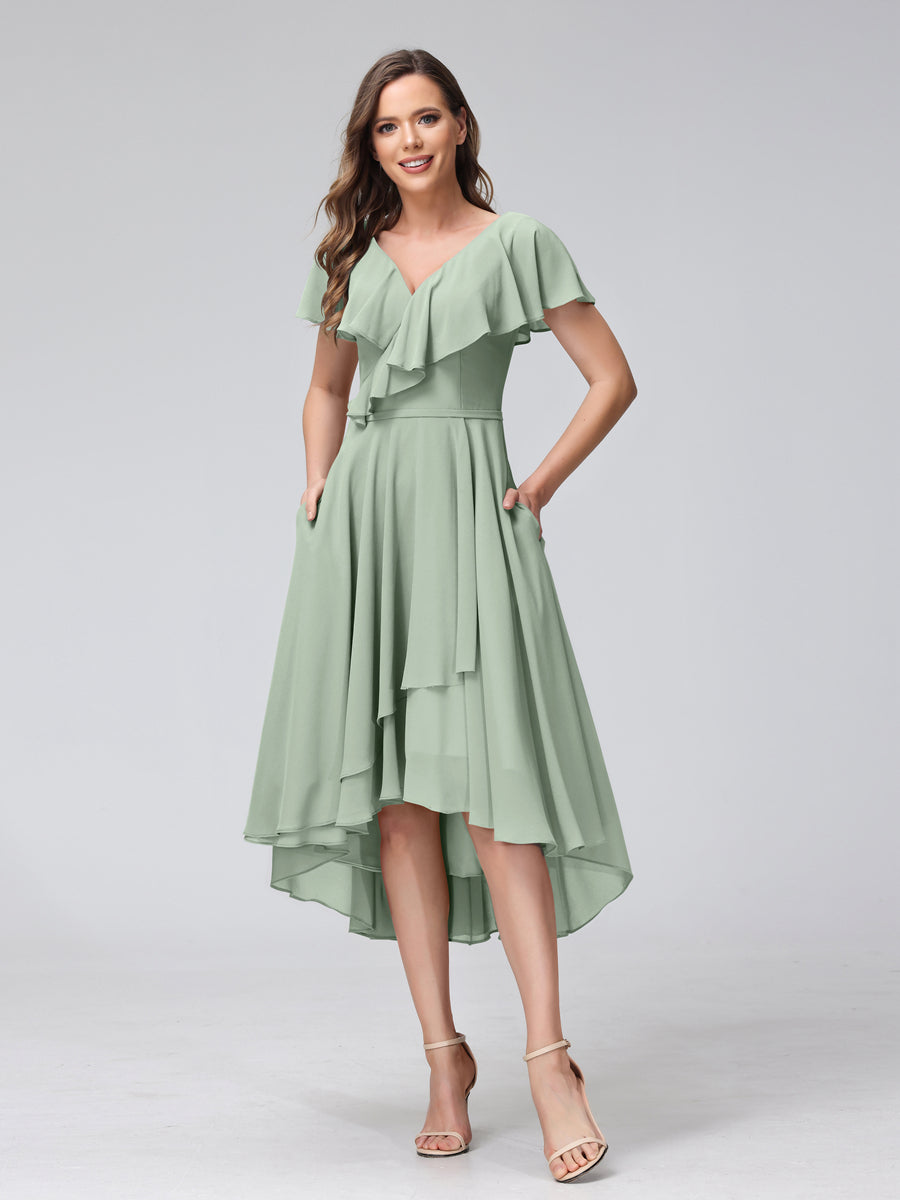 A-Line V-Neck Short Sleeves Asymmetrical Chiffon Bridesmaid Dresses With Pockets Sage